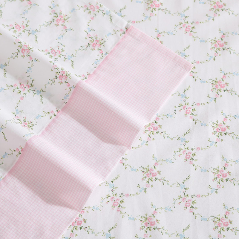 Laura Ashley Lynda Cotton Printed Hem Pink Full Sheet Set, Queen Sheet Set + 1 Fitted Sheet + 2 Pillowcases