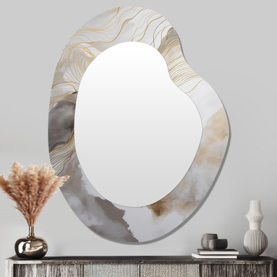 Gold And Grey Abstracted Line Artistry V - Abstract Line Art Modern Asymmetrical Wall Mirror
