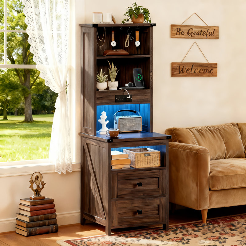 2 Drawers Farmhouse Tall Nightstand with Charging Station and Bookshelf, Oak Brown, 1