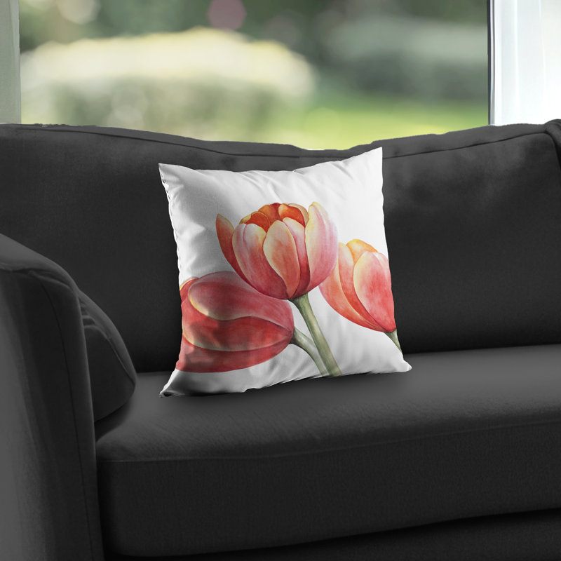 Three Tulips Closeup Floral Poly Twill Throw Pillow – Poly Twill Throw Pillow with Insert, Double-Sided Print
