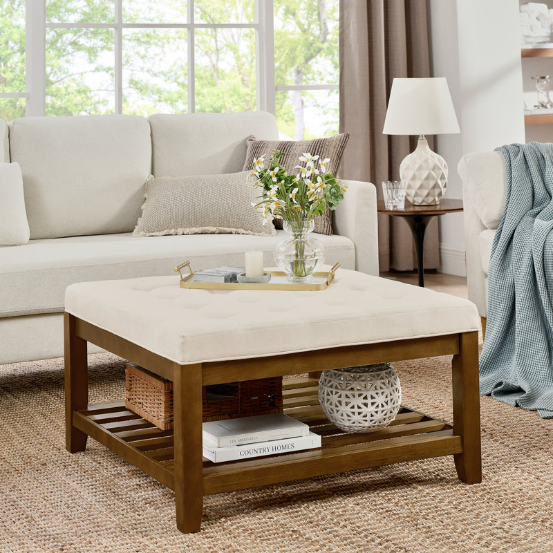 Upholstered coffee table ottoman | tufted linen | beech wood shelf & frame | large square footrest | ivory | versatile