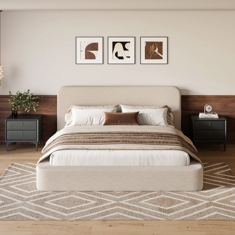 Lit plateforme tapissier grand beige avec support à lattes, aucun sommier nécessaire, lit à profil bas moderne et silencieux