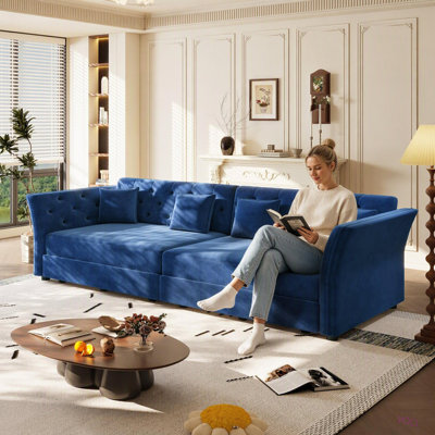 100" Oversize Pull Out Sofa Bed, Convertible Sleeper Sofa with Handmade Fabric Flower Tufted Design, Multi-Functional Velvet Loveseat Bed for Living Room, Bedroom