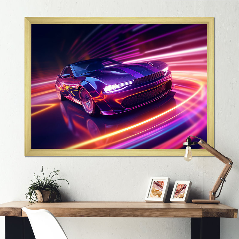 «Neon Light American Muscle Car II», reproduction sur toile, H 16 po x l 32 po x P 1 po, Cadre doré simple