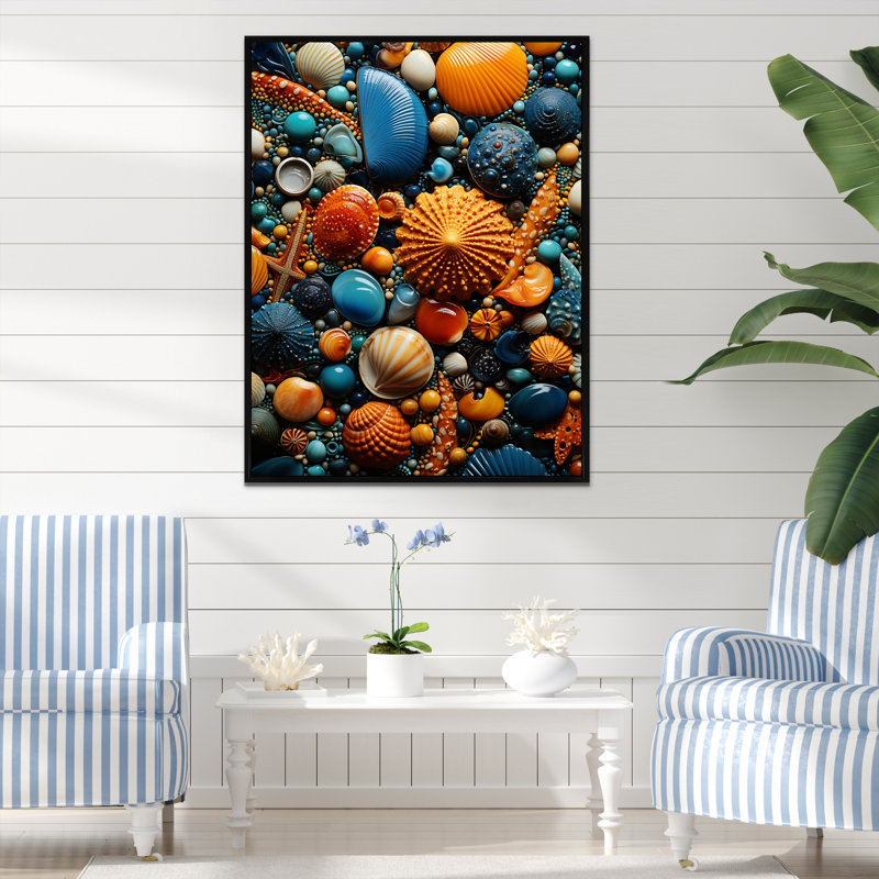 Jaune et bleu coquillage symphonie II - art mural côtier tropical, Cadre flottant noir, H 20 po x l 12 po x P 1 po