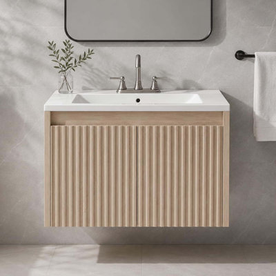 Modern Fluted 24" Wall Mount Bathroom Vanity, 2-Door, White Ceramic Sink, Waterproof PVC