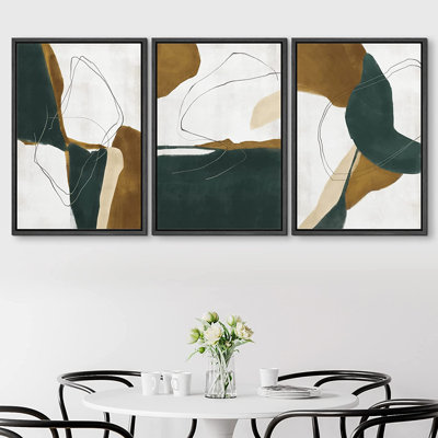 Green Tan Geometric Abstract Shape Minimalist Modern Wall Art Framed Canvas 3 Pieces Painting Print -  SIGNLEADER