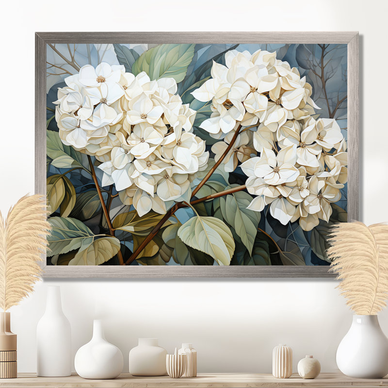 «Cubist Hydrangea L'interpretation» - art mural hortensia, H 12 po x l 20 po x P 1 po, Cadre simple argenté
