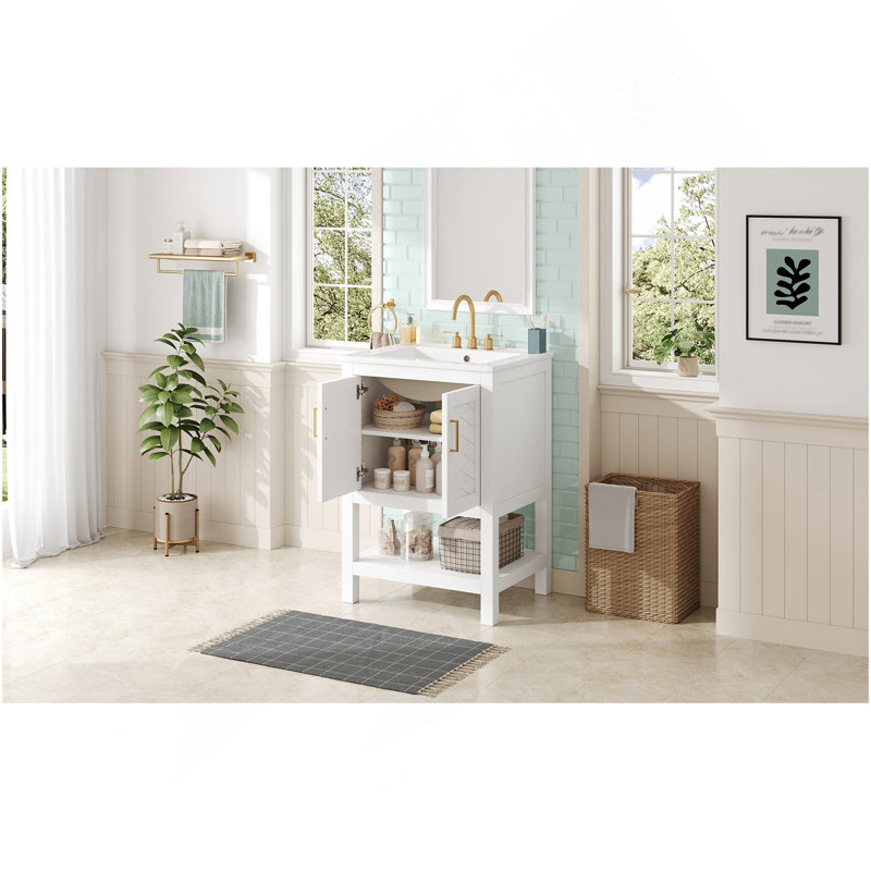 24" Modern Bathroom Vanity With Elegant Twill Design & Soft-Close Hinges, Bathroom Cabinet With Back Open Structure, Adjustable Shelf