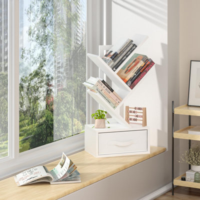 Bibliothèque Tree avec tiroir, bibliothèque en bois d'ingénierie à 4 niveaux, tablette de rangement peu encombrante pour la chambre à coucher, le salon et le bureau personnel
