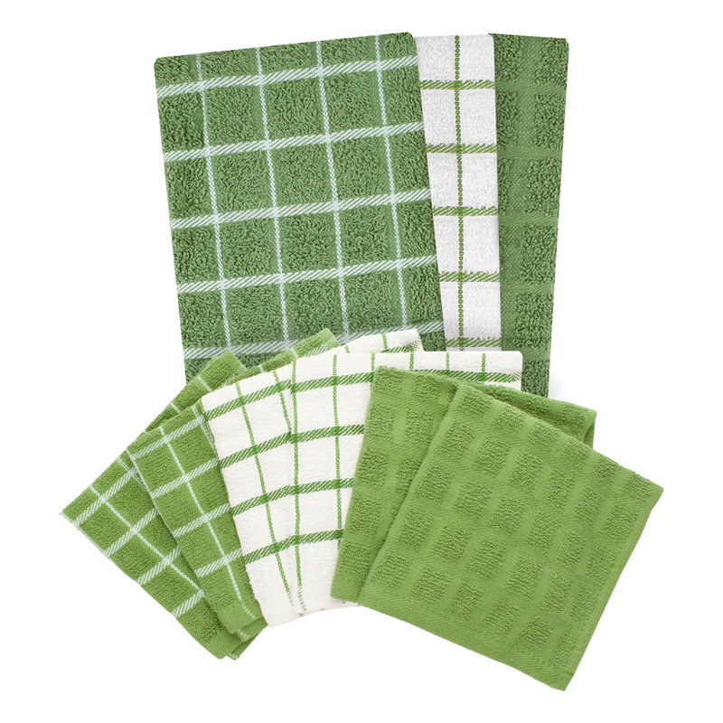 Green and White Cotton Terry Kitchen Towel and Dish Cloth Set, 9-Piece