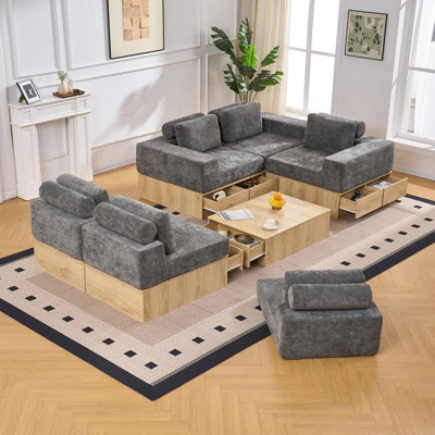 Canapé d'angle modulaire 6 places avec tiroirs de rangement, canapé multifonctionnel en forme de L avec base de rangement intégrée et table basse, ensemble de canapés convertibles