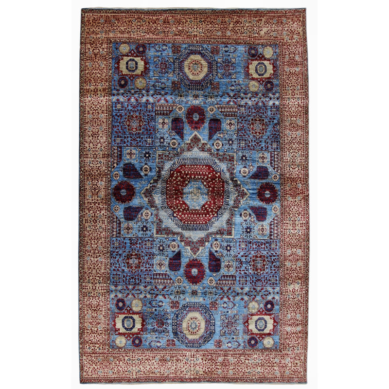 Tapis bleu et beige noué à la main de haute qualité, Rectangle 5 pi 10 po x 9 pi 1 po