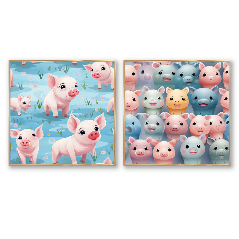 Papier peint mignon avec  pour enfants - animaux, ensemble de 2 collages carrés, Cadre flottant doré, H 16 po x l 33 po