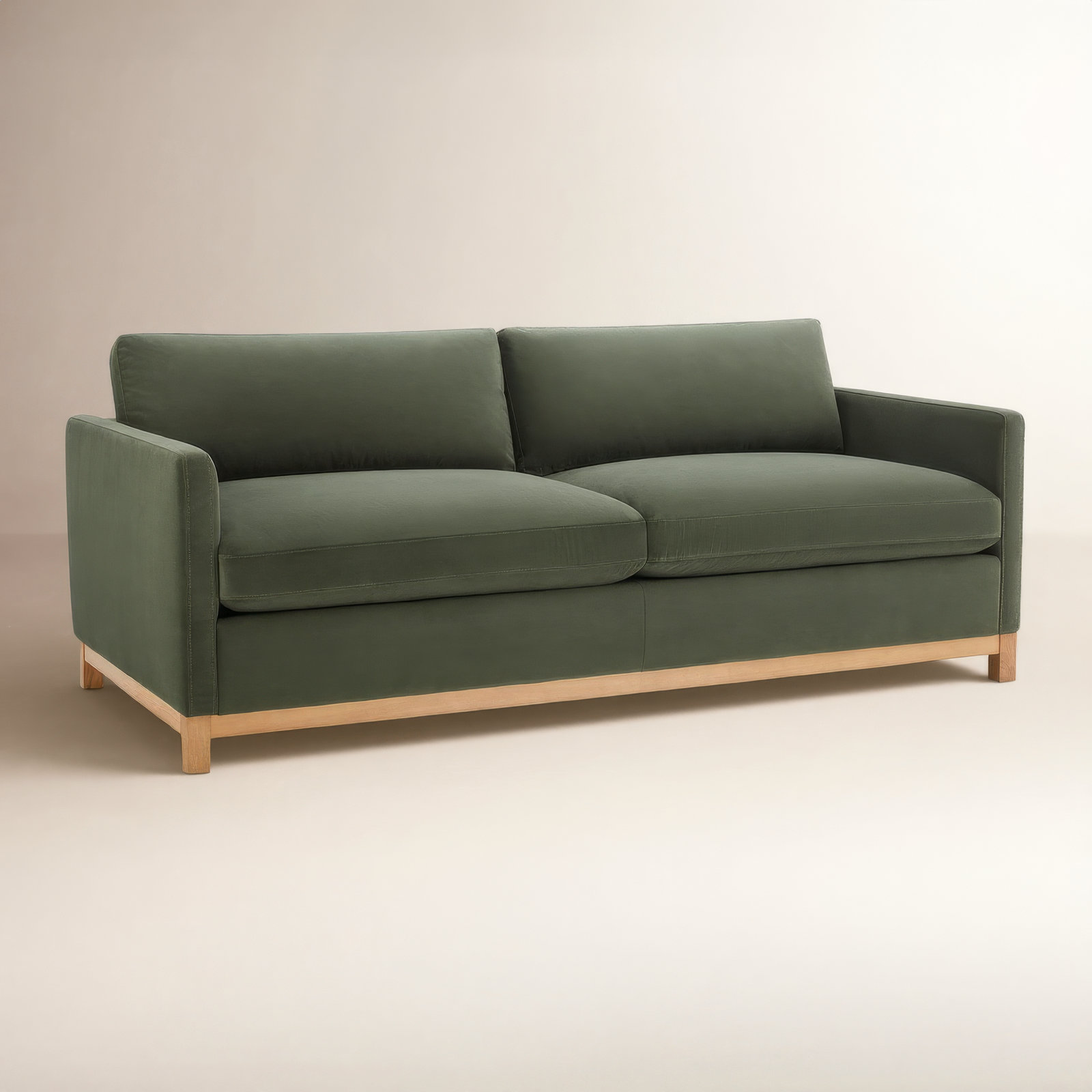 Liz 85" Upholstered Sofa, Soren Olivine Performance Velvet, Natural Wood, 32.28"H x 84.25"W x 39.37"D