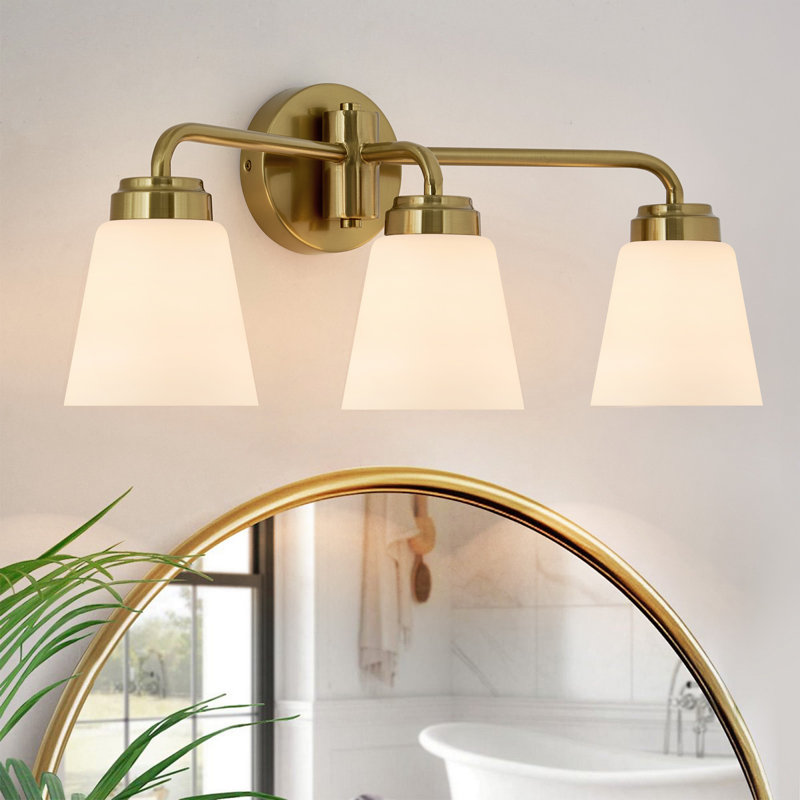 Luminaire de salle de bain 3 lumières à intensité variable avec abat-jour en verre laiteux, Laiton brossé, 3