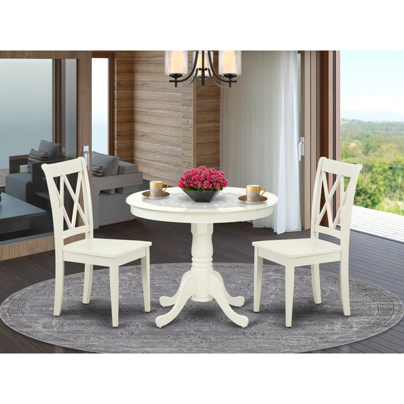 Ensemble de table de cuisine 3 pièces pour petits espaces comprenant une table de salle à manger ronde avec piédestal et 2 chaises en bois massif, lin blanc