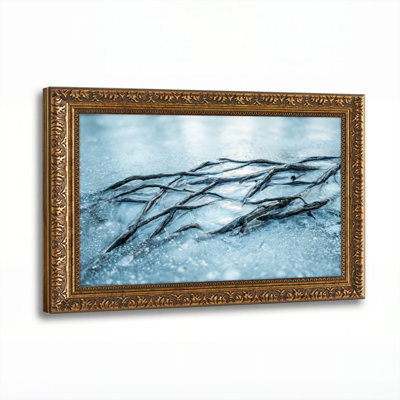 Art mural en toile noyer doré encadré pour salon, chambre à coucher, bureau ou vestibule - décoration murale décorative avec branches gelées