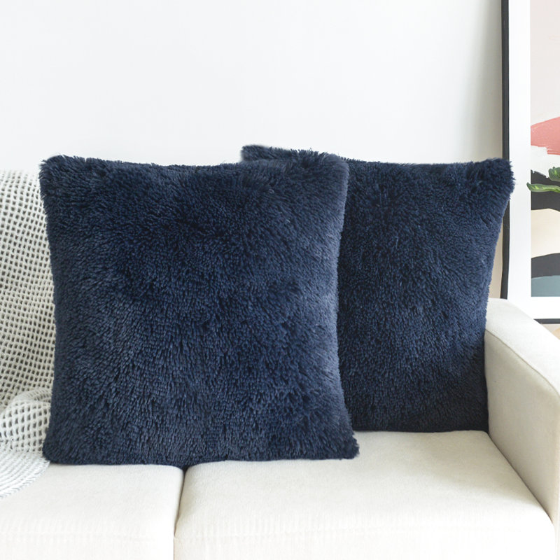 Housse de coussin carrée en fausse fourrure, H 18 po x l 18 po, Bleu marine