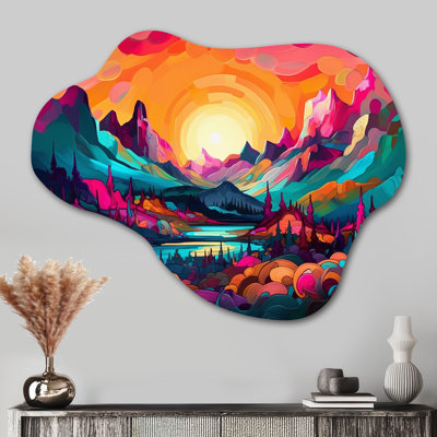 Vibrant coucher de soleil brillant sur les montagnes III - montagnes asymétriques en métal, sculpture murale en métal