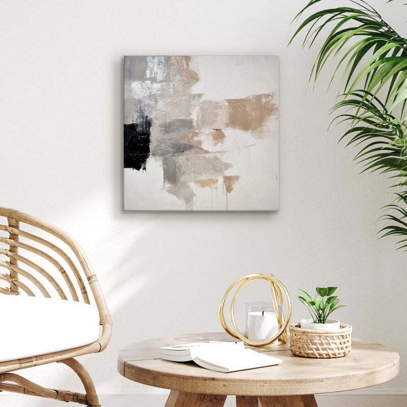 Art mural sur toile 16 x 16 avec décorations peintes à la main - Papier peint - Art mural abstrait - noir, blanc, gris, beige et crème