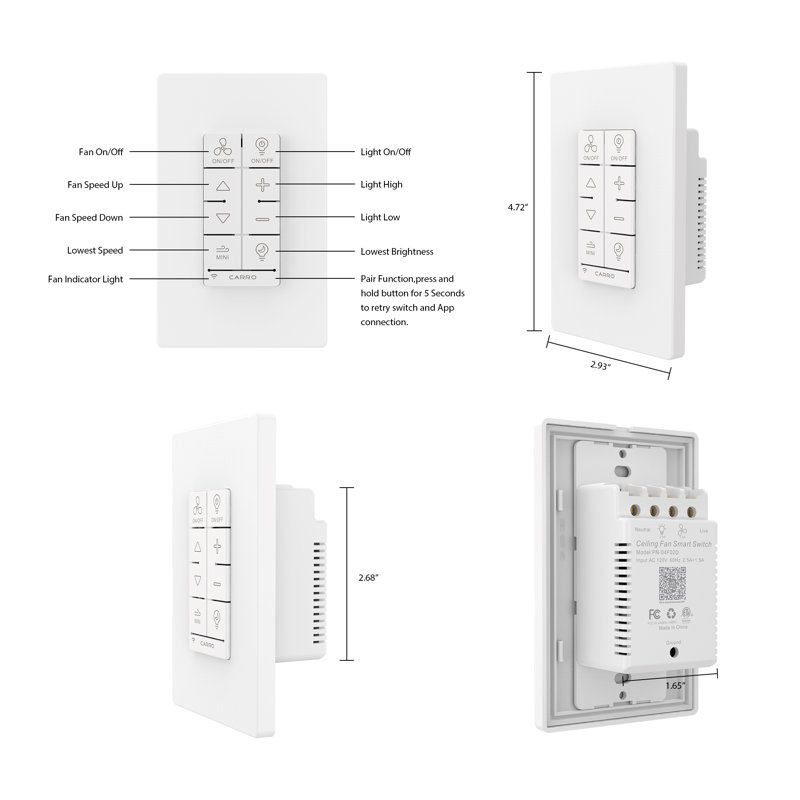 White Smart Wi-Fi Ceiling Fan Control Switch with Light