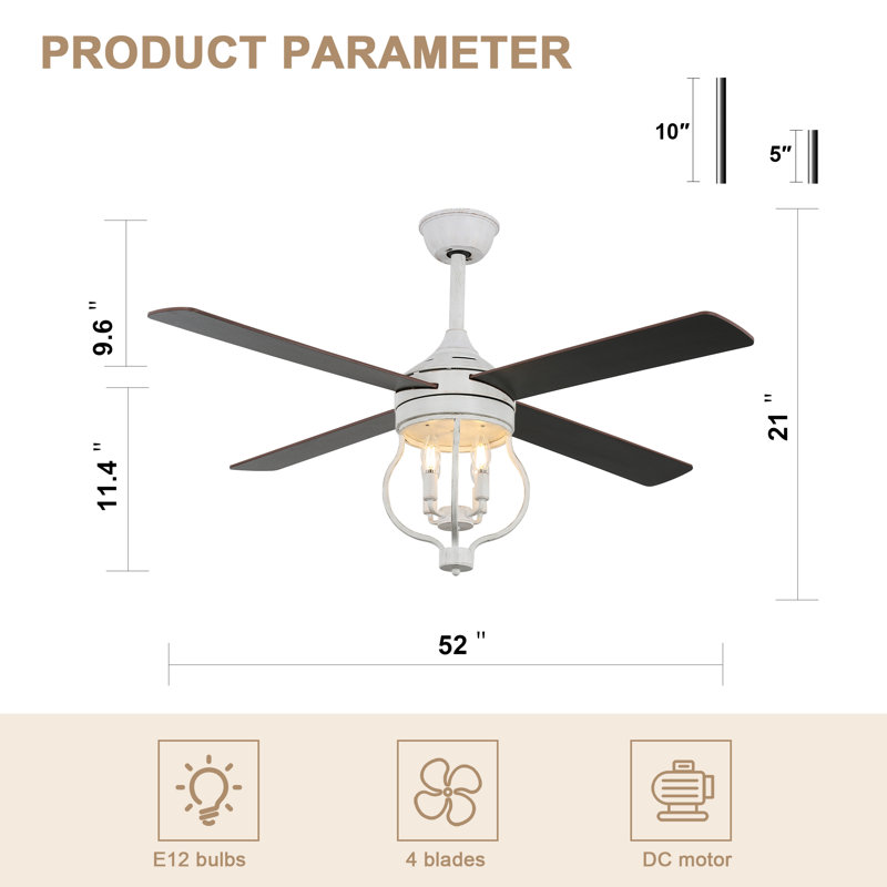 Kahliel 52" Industrial 4-Light Caged Ceiling Fan with Lights and Remote, 6-Speed Reversible Ceiling Fan, Black, White