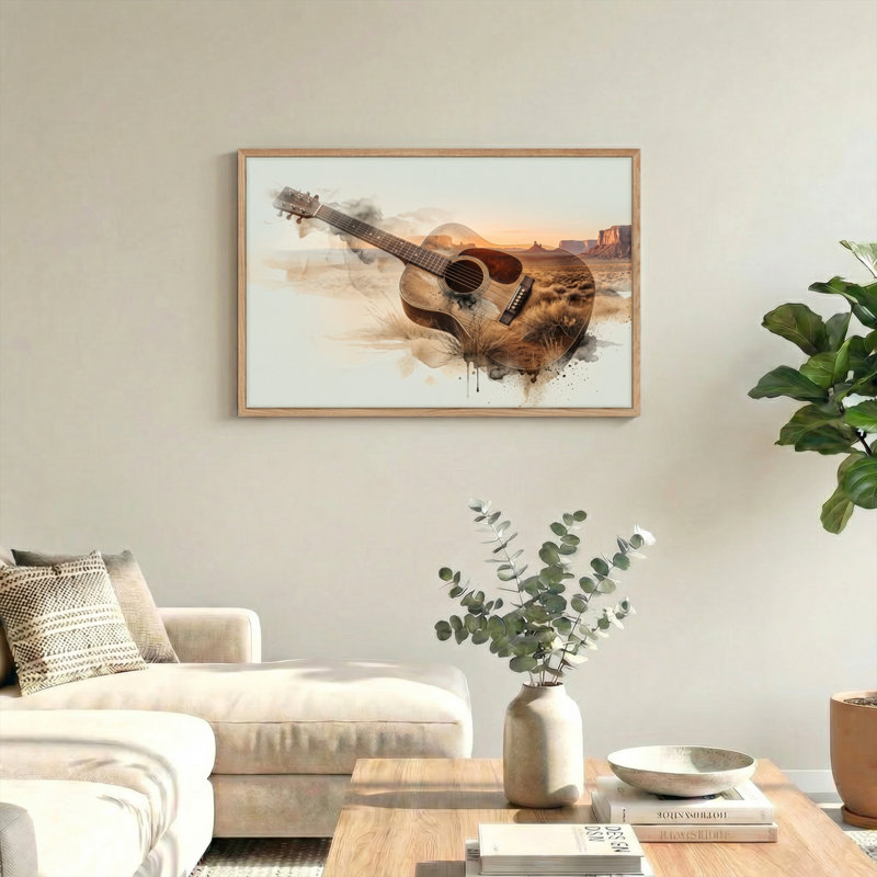 Ensemble de 1 tableau sur toile représentant une guitare dans le désert, 18"H x 24"W, Natural