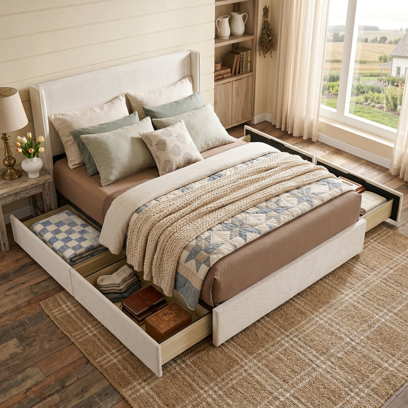 Modern Wingback Upholstered Platform Bed, Cream, Queen
