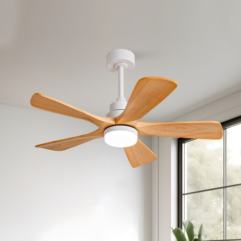 42 Inch Modern Ceiling Fans With Lights And Remote Control, 5 Solide Wood Blades, Reversible DC Motor, White, Oak
