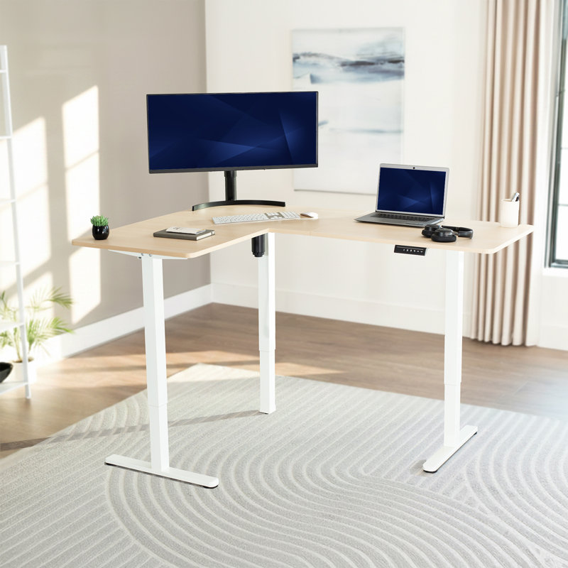 Bureau d'angle électrique VIVO, poste de travail en L, Bois clair/blanc, L 63 po x P 47,3 po