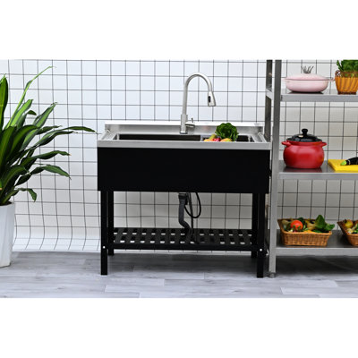Stainless Steel Freestanding Utility Sink Featuring Black And Silver Contrast, 40 In Depth, 24 Width, 34 Height, 42 Lb, Big Compartment For Storage Space, Pull - Out Faucet, Bottom Grille With