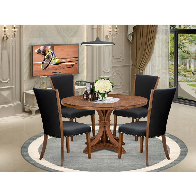 Ensemble de 5 pièces pour 4 personnes comprenant une table ronde avec piédestal et 4 chaises rembourrées en tissu de lin noir, noyer antique