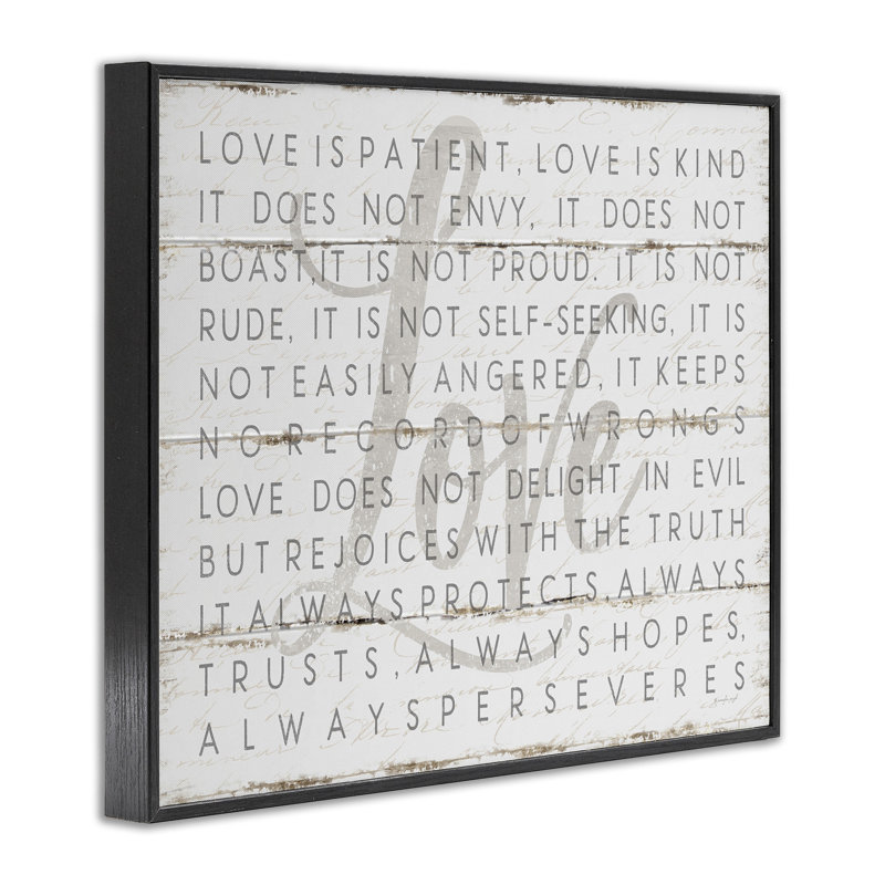 «Love Is Patient Planked Look» par Jennifer Pugh - impression d'art graphique, H 16 po x l 20 po, Giclée encadrée noir minuit
