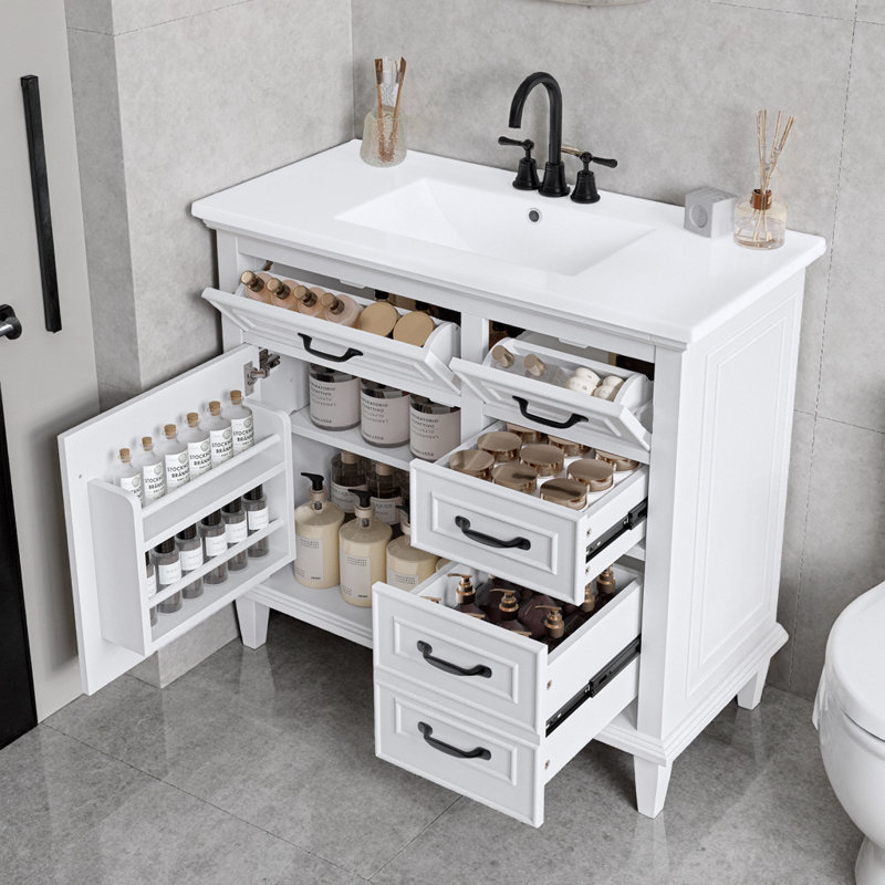 Meuble-lavabo blanc 36 po avec lavabo en céramique, tiroirs rabattables et armoire de rangement autoportante, Blanc/Noir
