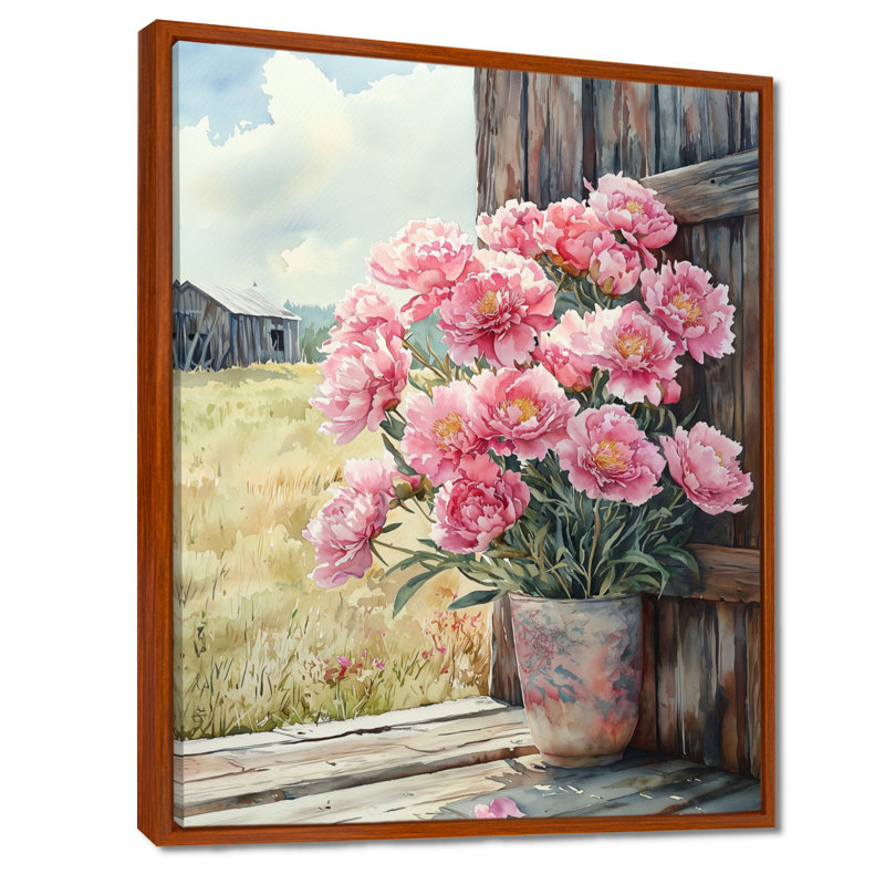 Pivoines dans la brise de basse-cour III - pivoines, art mural, H 32 po x l 24 po, Reproduction avec cadre flottant, Brun