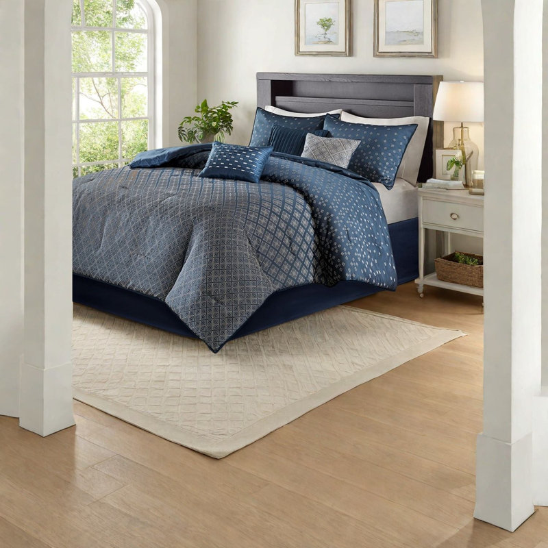 Ensemble de literie bleu marine luxueux 7 pièces, jacquard de polyester, élégance moderne pour la maison