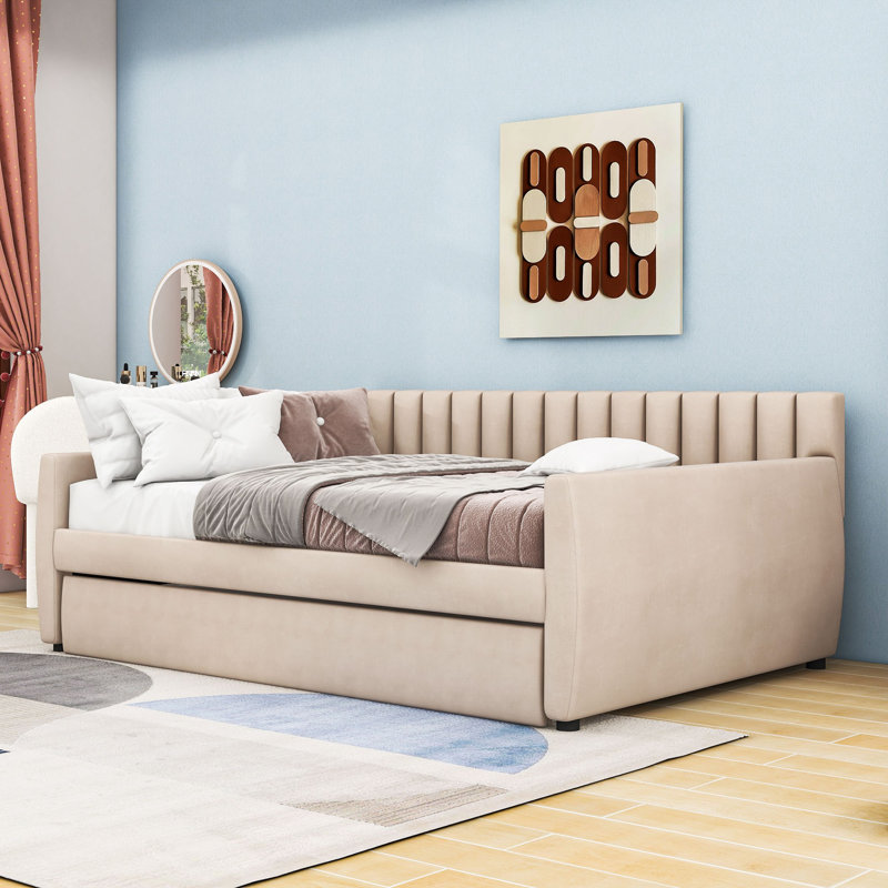 Full Size Velvet Upholstered Daybed with Pull-Out Trundle and Vertical Stripe Backrest, Beige
