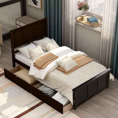 Twin Platform Storage Bed with 2 Sliding Drawers – Solid Wood Frame, Espresso