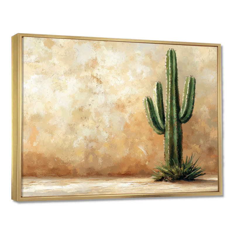 Cactus dans le désert VI - art mural cactus, H 30 po x l 40 po, Cadre flottant, Doré