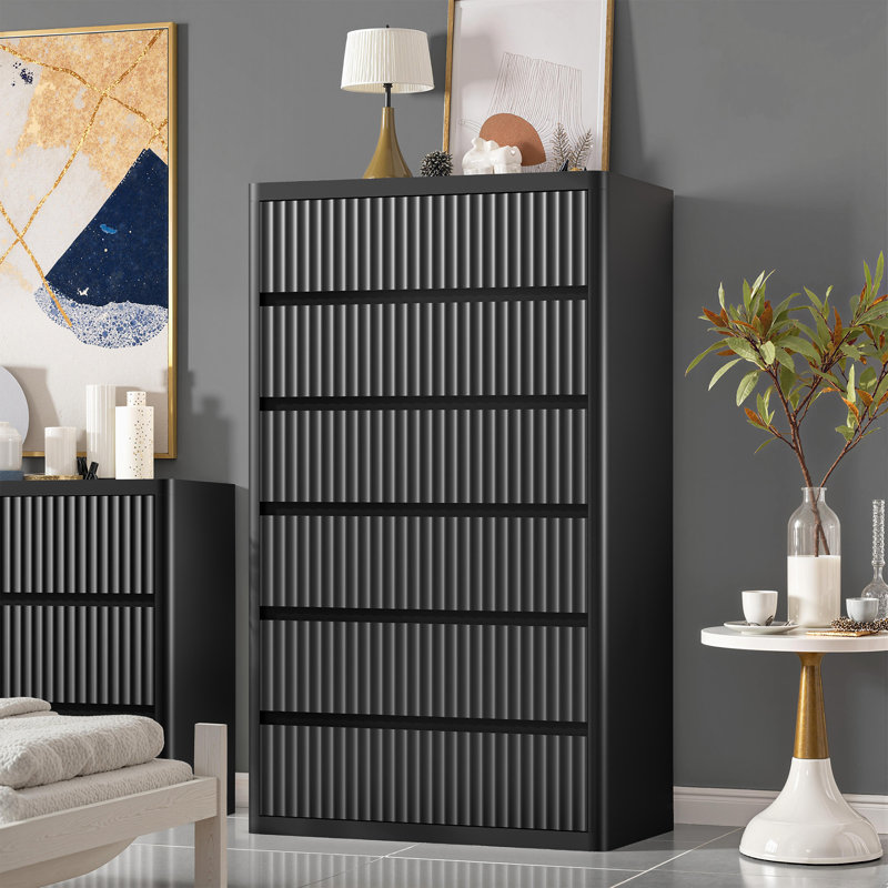 Commode cannelée courbée moderne noire à 56 tiroirs H 56 po avec tiroirs, Noir