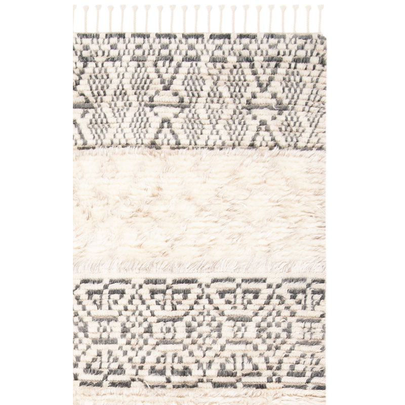 Tapis gris / ivoire en laine et viscose noué à la main Dorotea, Tapis de couloir 2 pi 3 po x 8 pi