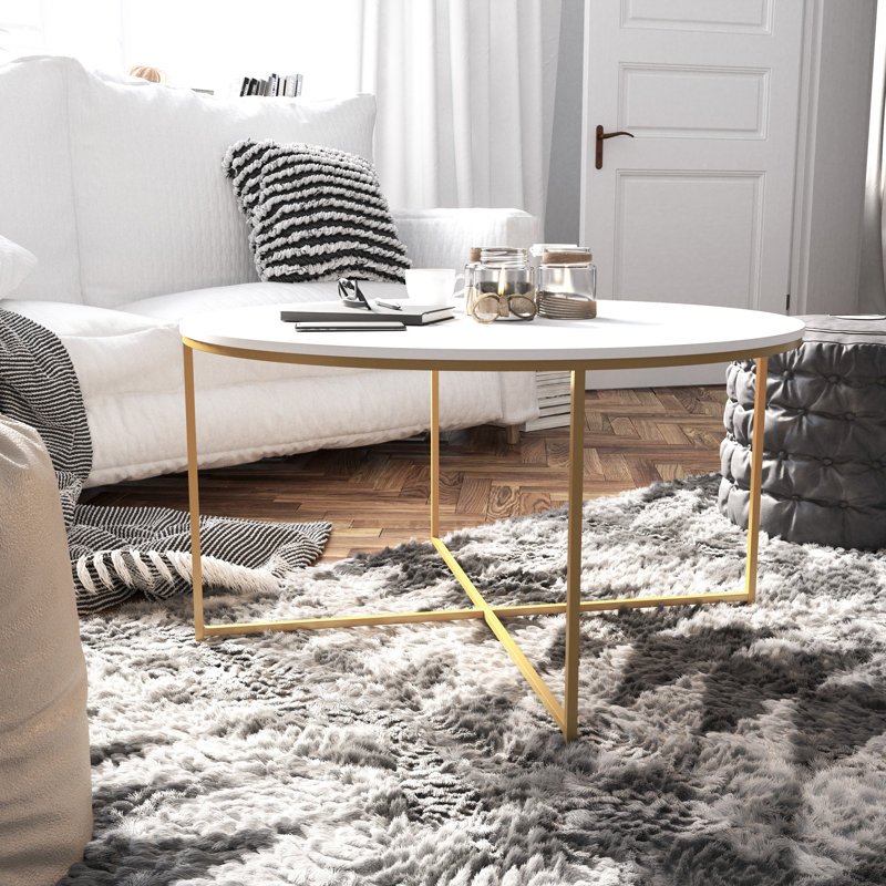 Modern Laminate Coffee Table with Crisscross Frame, Matte Gold, White