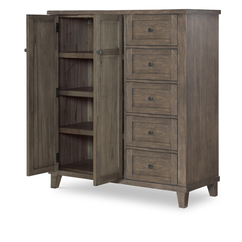 Commode à tiroirs de style transitionnel cacao de 122 cm de large, en bois massif plaqué chêne rouge, avec portes et tiroirs.