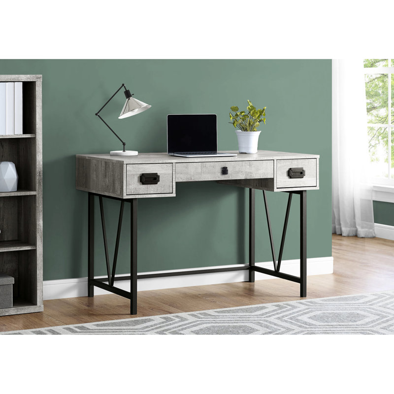 Bureau de bureau à domicile en stratifié gris, 48 po avec rangement, support pour pieds en métal noir, plateau et base d'ordinateur de style moderne, rangement disponible