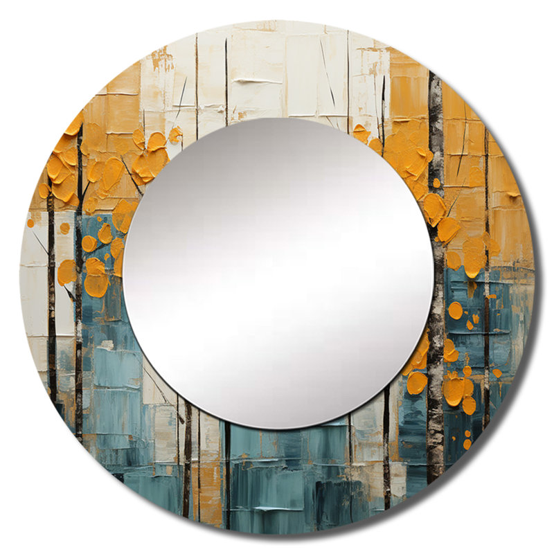 «Bold Yellow and Gray Forest III» - miroir forêt, miroir mural rond traditionnel, impression sur métal, 36 po x 36 po