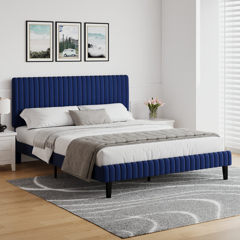 Tête de lit et pied de lit en velours avec revêtement matelassé, Double, Bleu