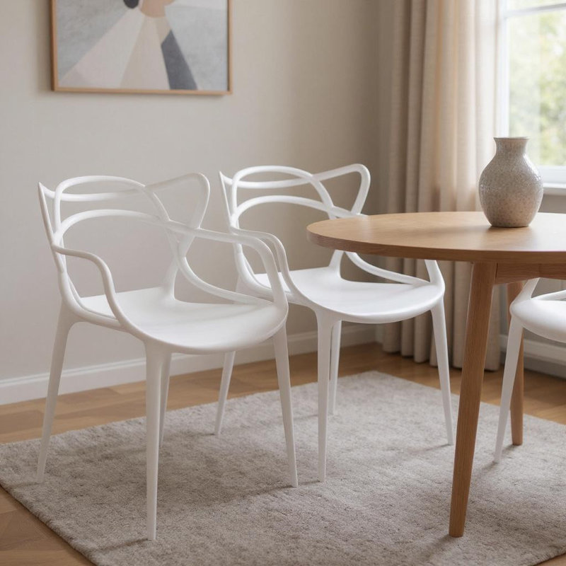 Ensemble de quatre chaises de salle à manger à dossier ouvert en plastique blanc, Blanc