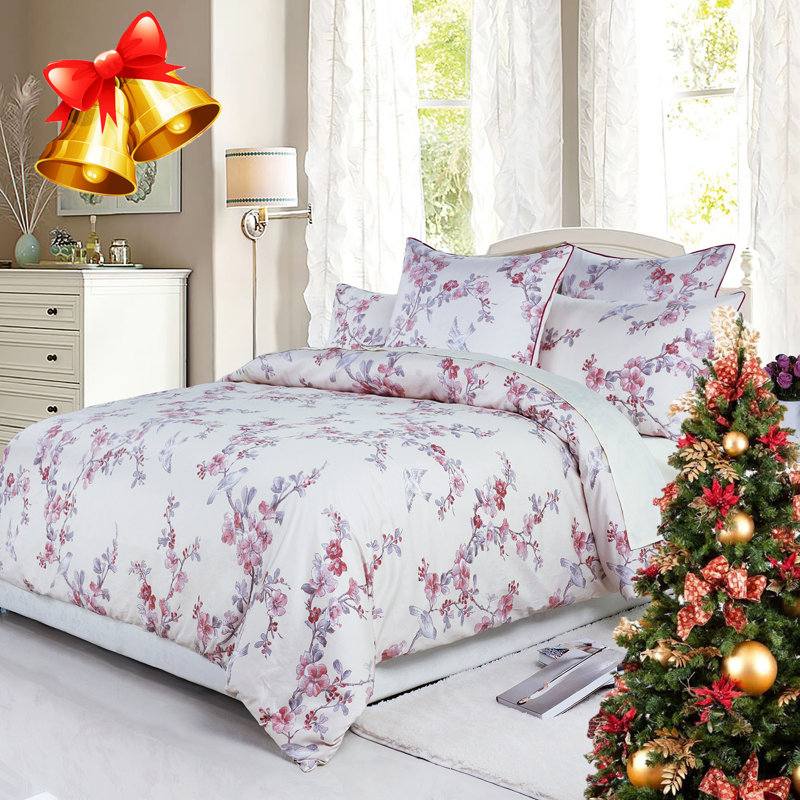  800TC 100% Egyptian Cotton Duvet Cover Set，3pcs Vintage Bird and Watercolor Floral in Light Pink Shabby Chic Bedding Set, Aesthetic Botanical Pattern for Bedroom Guest Room All Seasons