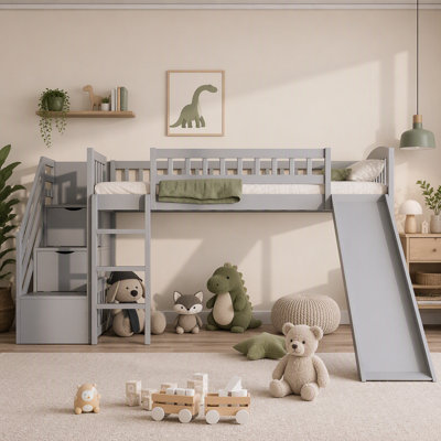  Wooden Loft Bed with Slide & Storage Staircase, Convertible Design Loft Bed with Built-In Drawers and Full-Length Guardrails